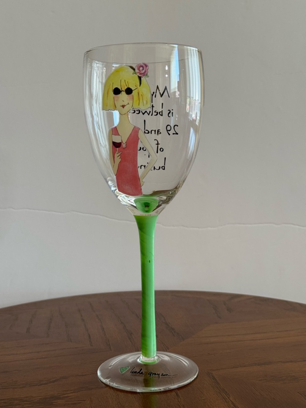 Funny Painted Novelty Birthday Wine Glass by Linda Grayson